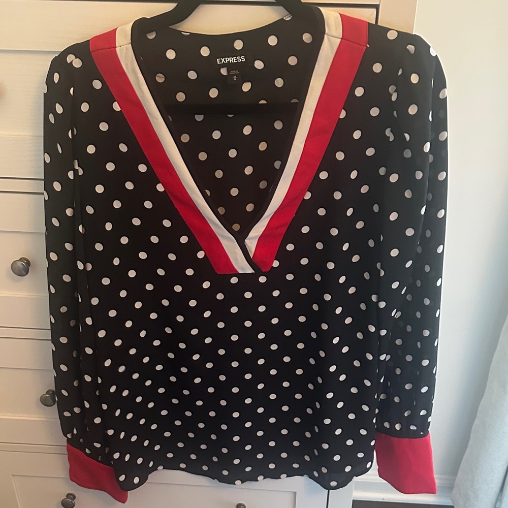 Express Black Blouse with Red and White Trim